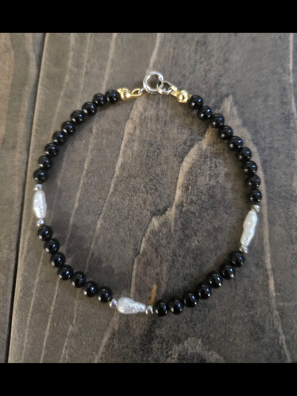 Vintage Black Beaded Onyx Bracelet with Fresh Water Pearl Accents - Unbranded